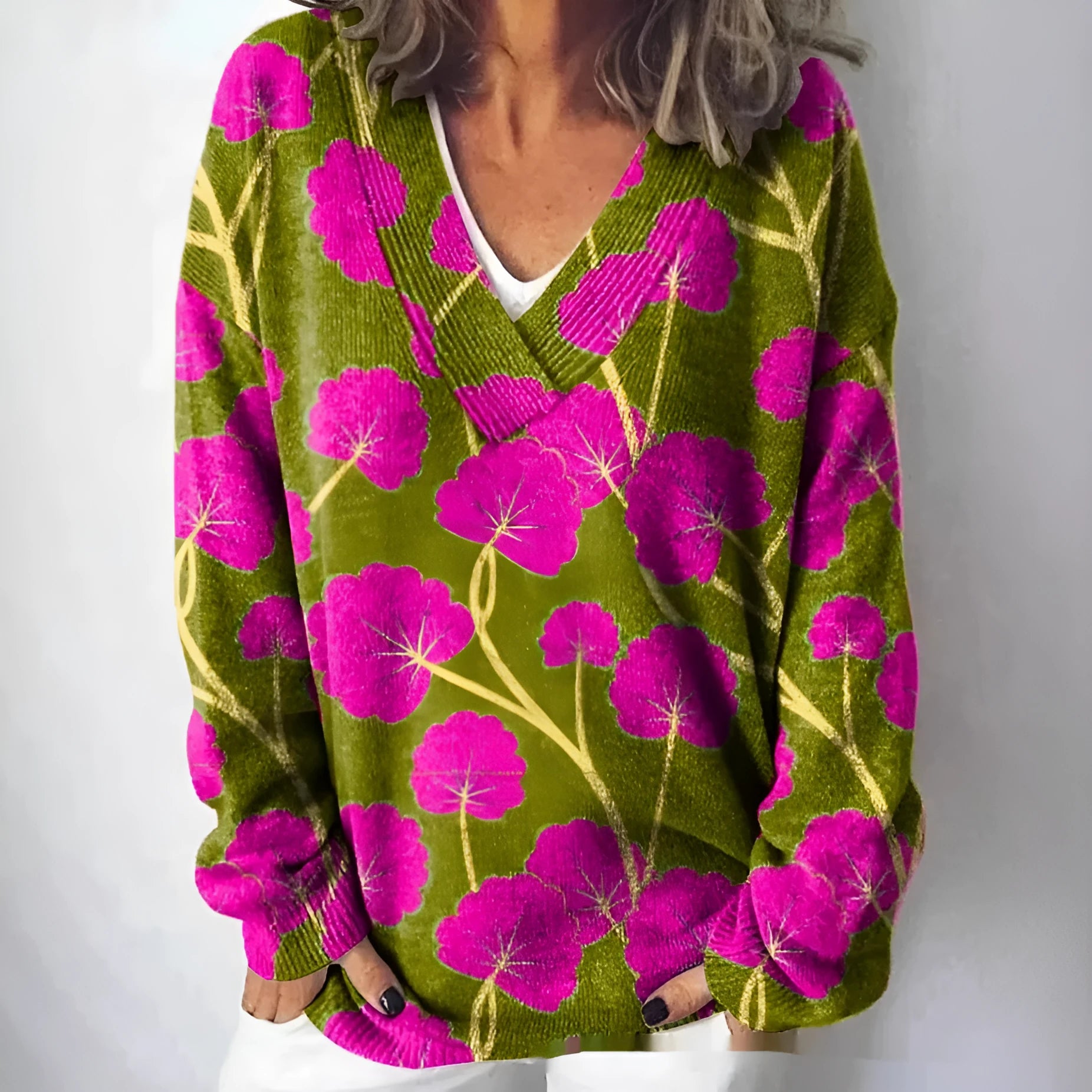 Women's long sleeve V-neck sweatshirt with a printed 3D floral pattern in retro style.