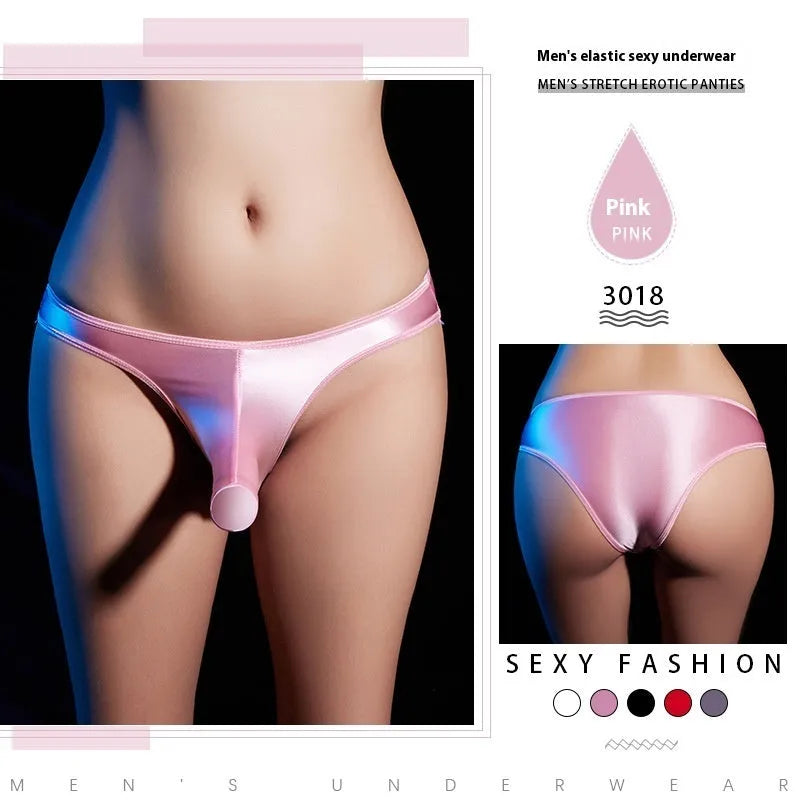Men's shiny nylon T-back low waist underwear in black, shown on a model.