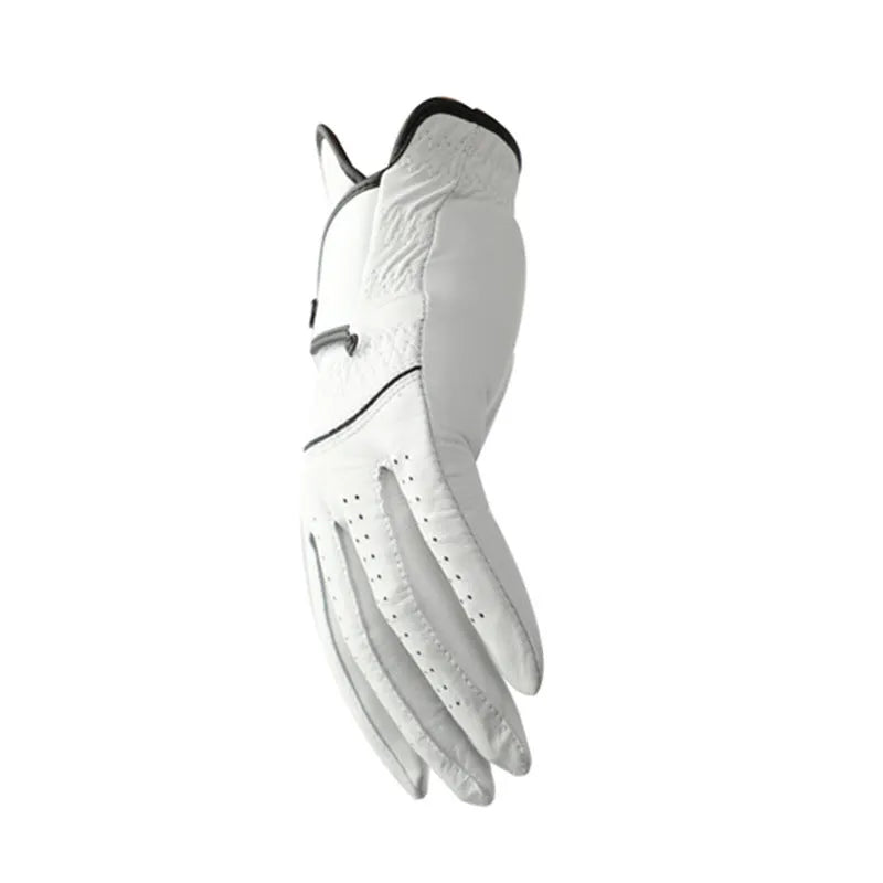 White men's golf glove made from half sheepskin material showing non-slip palm design
