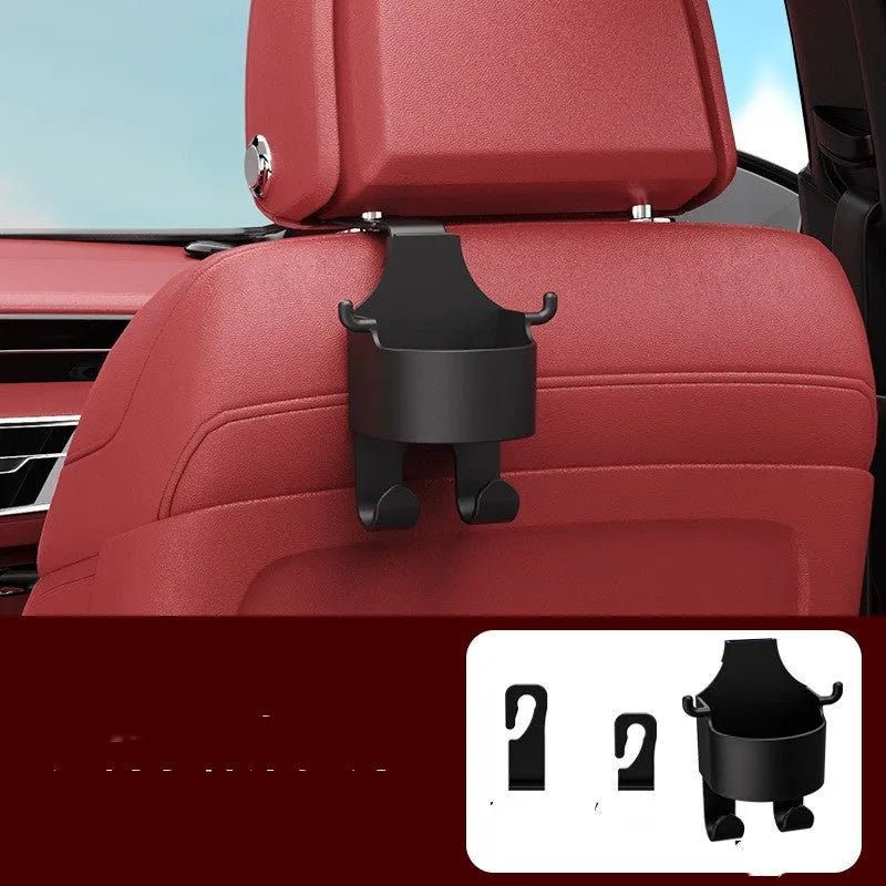 Black plastic car seat back hook organiser with cup holder and hanging hooks