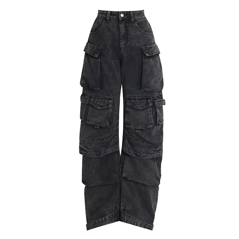Women's high waist wide leg trousers with tie-dyed denim and multiple pockets in blue colour