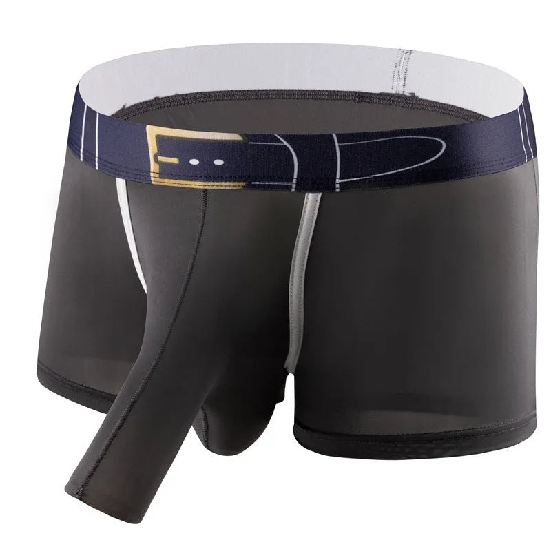 Men's solid colour ice silk boxer shorts in blue, shown on a mannequin, demonstrating the mid waist fit.