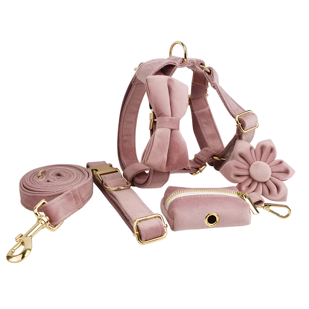 Light purple pink velvet dog collar and leash set with matching accessories for small to medium dogs