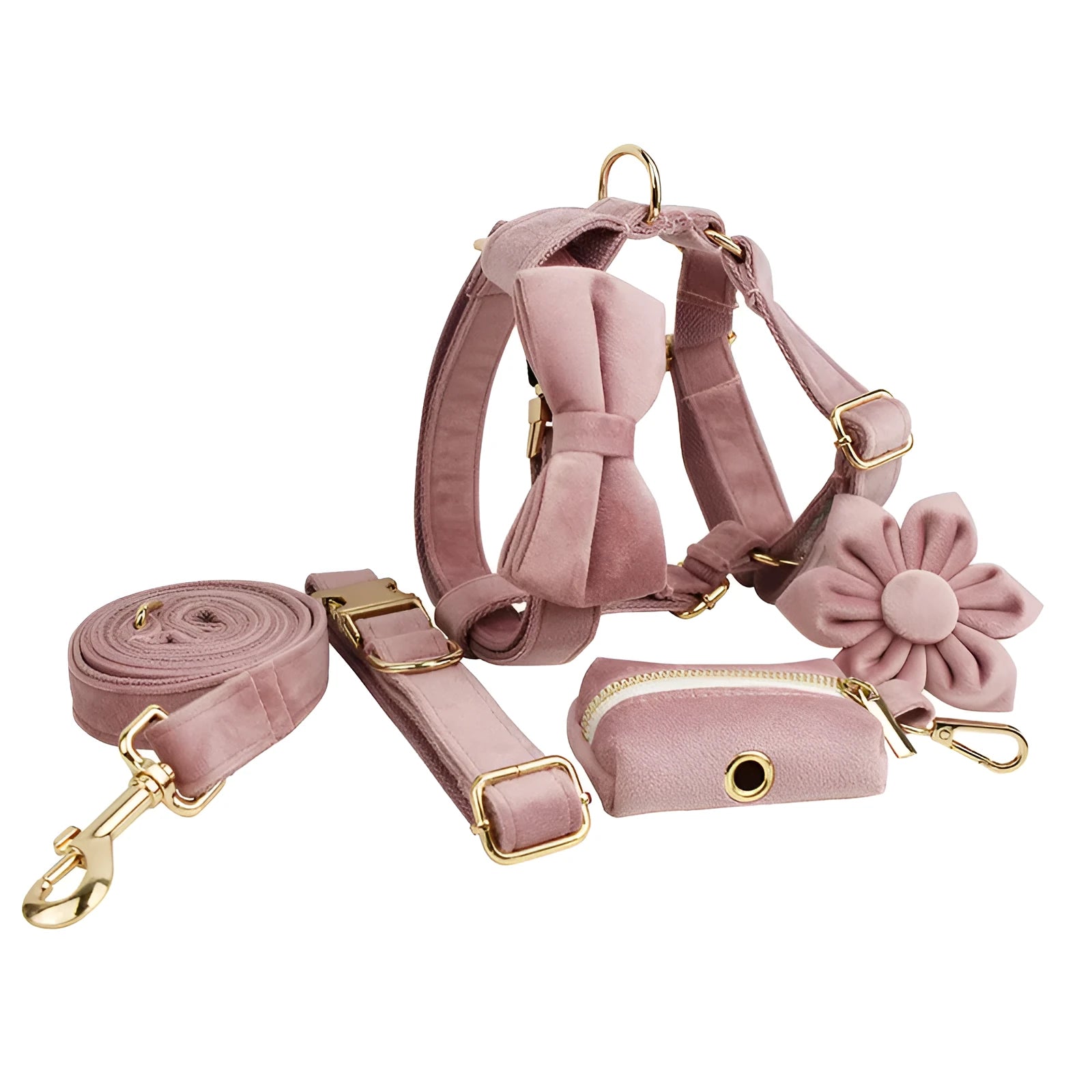 Light purple pink velvet dog collar and leash set with matching accessories for small to medium dogs