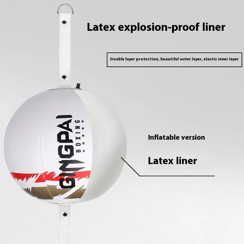 Black, green and black, and white PU hanging boxing speed ball for reaction training.