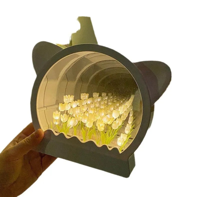 DIY handmade cat head tulip sea decorative night light lamp with colourful flowers