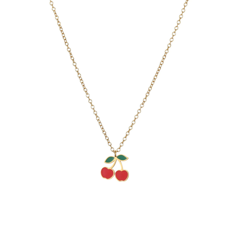 Cherry jewellery set showing necklace, bracelet, earrings, and ring in stainless steel with 18K electroplated finish