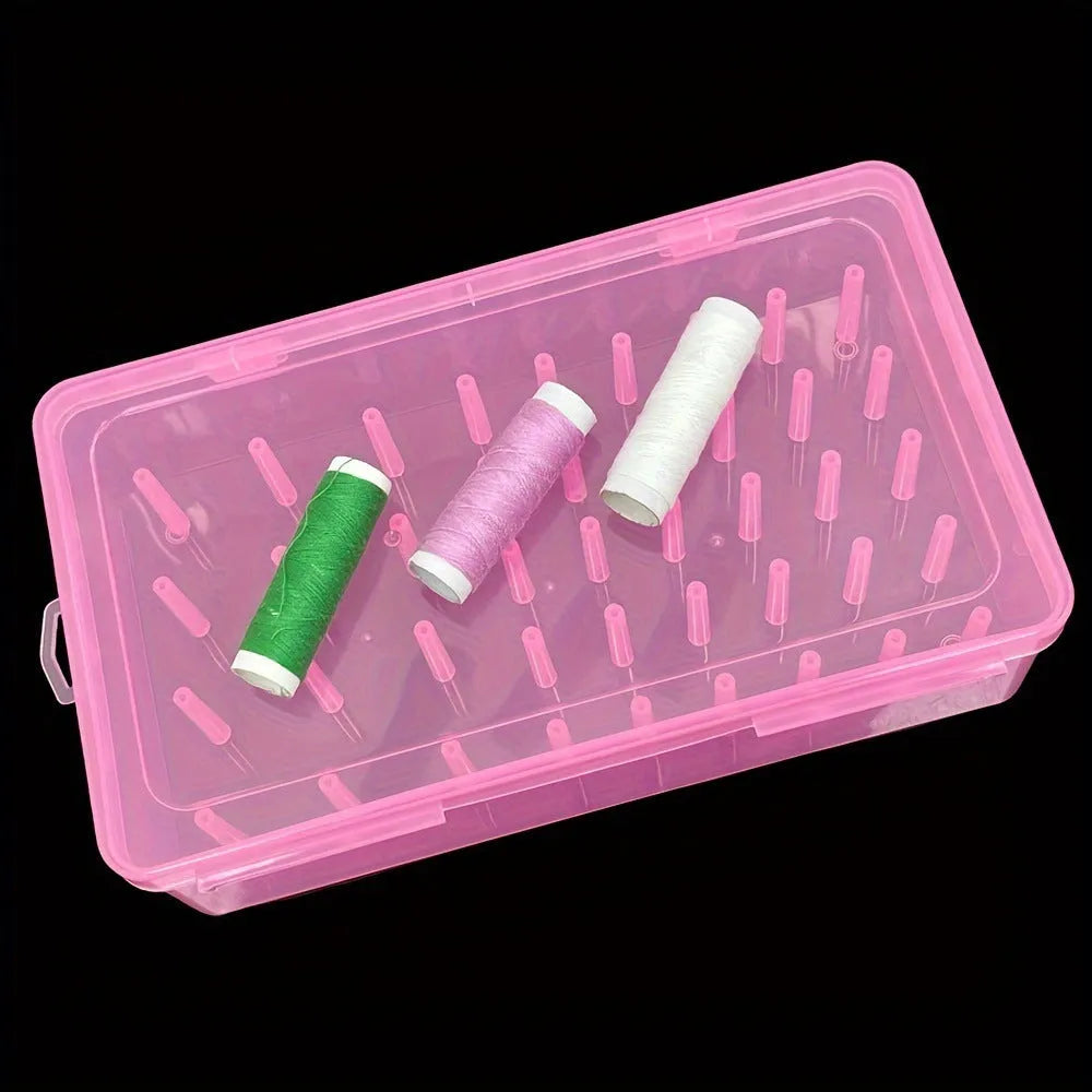 Plastic storage box with 42 compartments for organising embroidery needles and sewing supplies