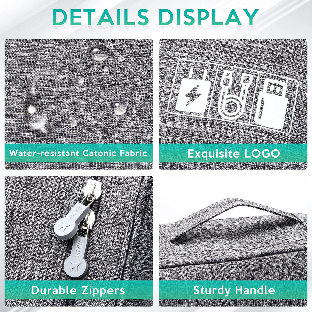 Black and grey waterproof electronics organiser bag open to show removable dividers and mesh pockets for cables.