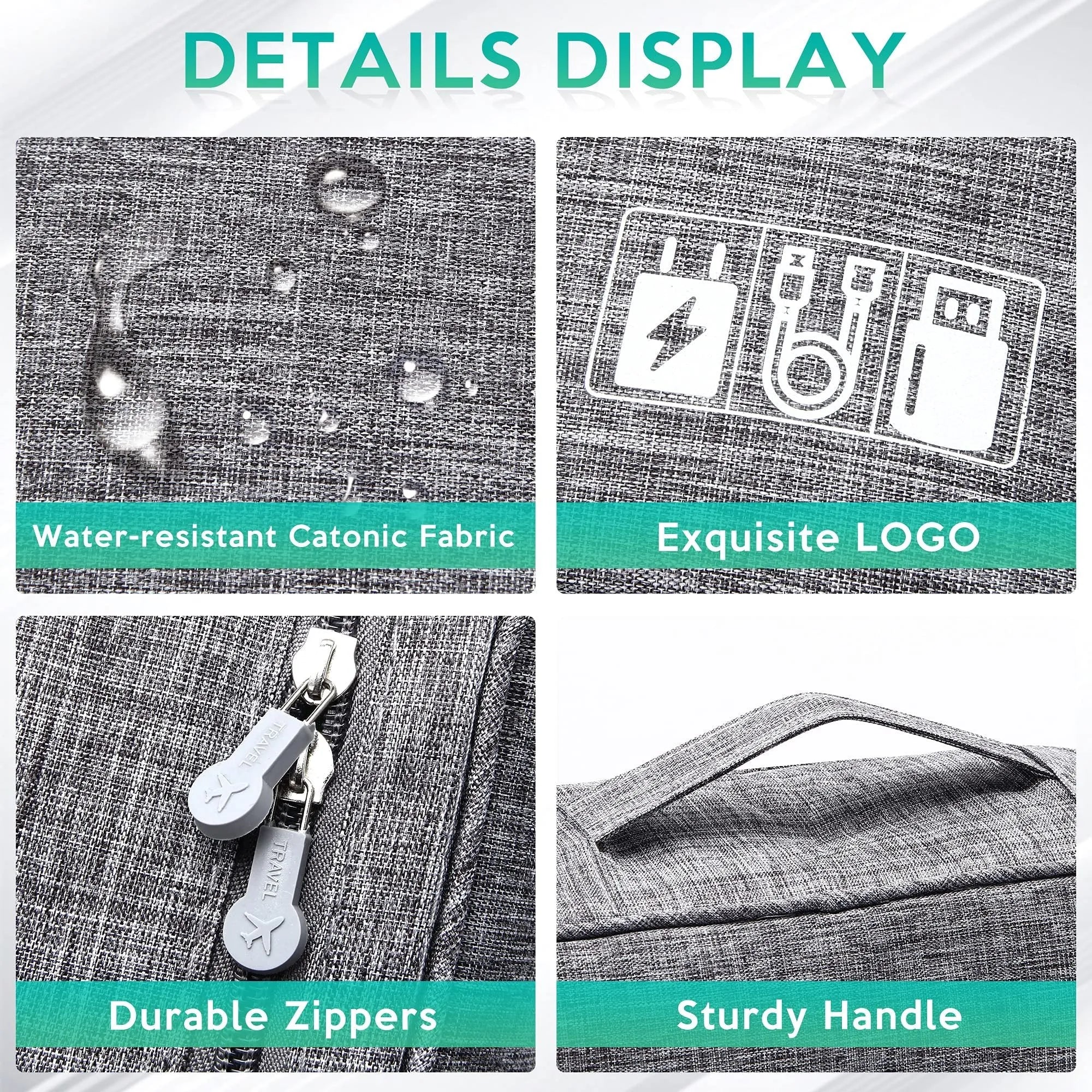 Black and grey waterproof electronics organiser bag open to show removable dividers and mesh pockets for cables.