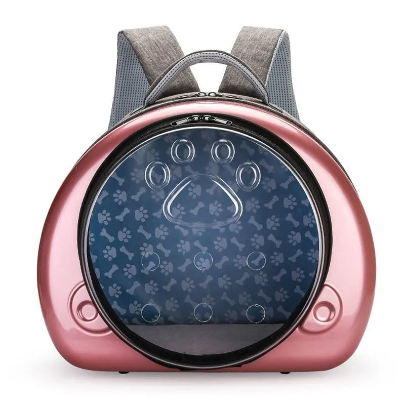 Transparent PC canvas cat carrier bag in space capsule shape with rose gold front cover.