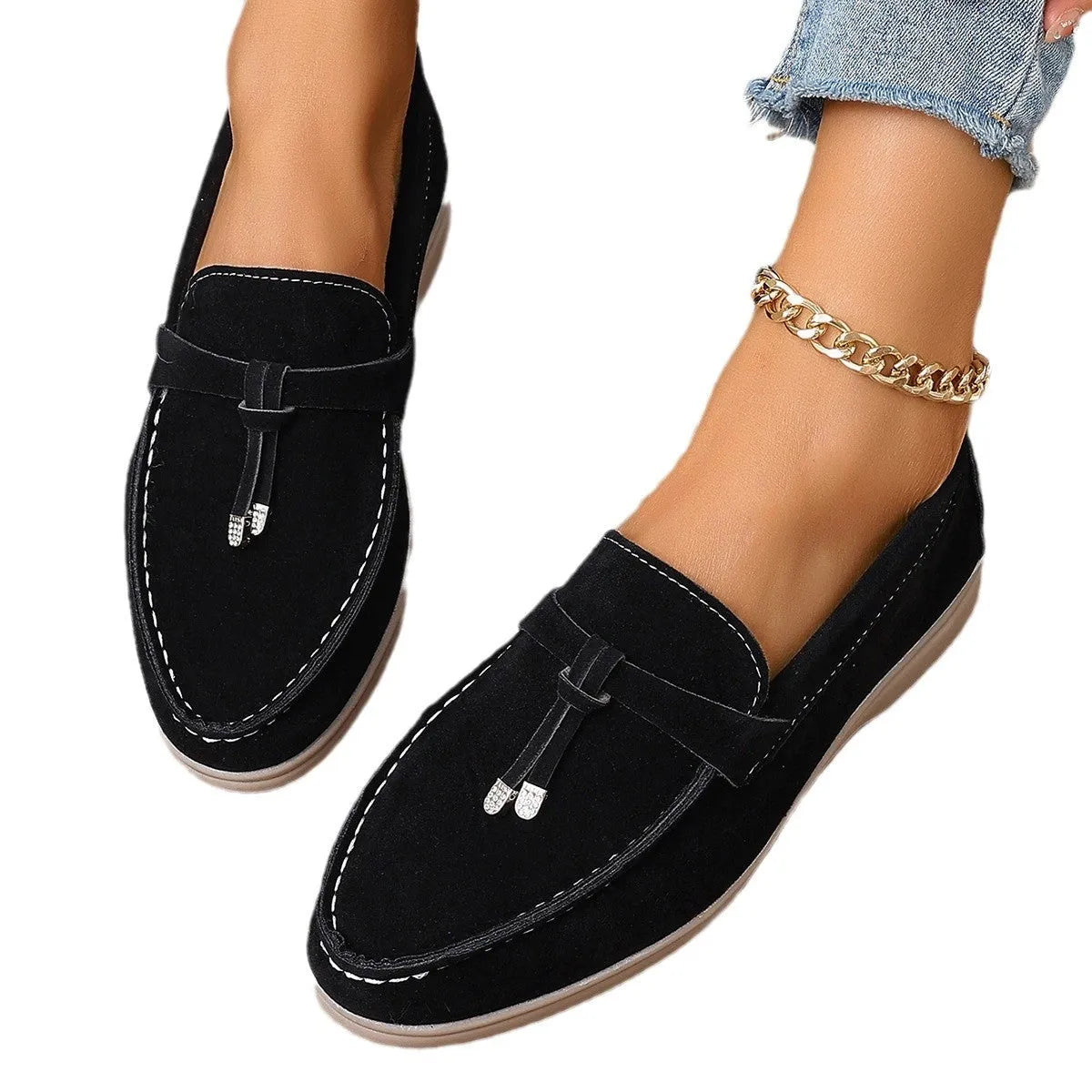 Gommino slip-on loafers in black, apricot and brown with platform heel and canvas upper