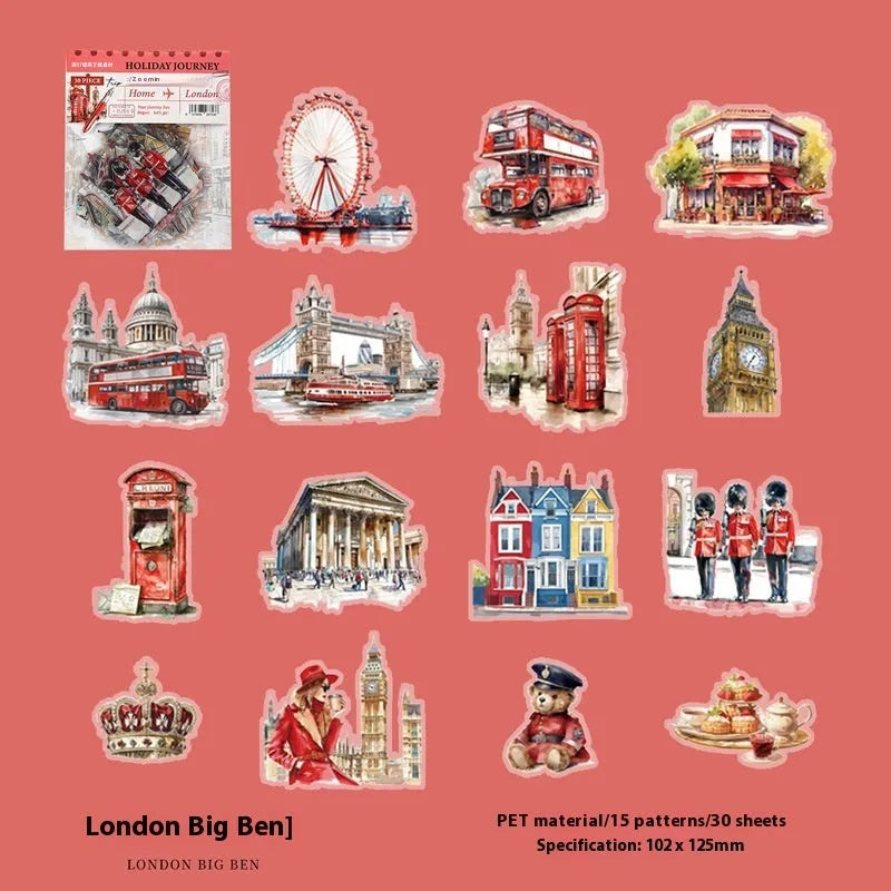 Holiday Journey Series architecture journal stickers showing six retro landmark designs
