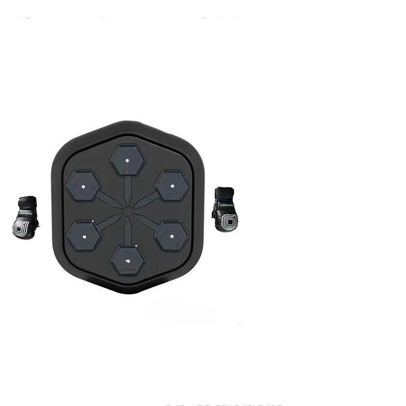 Black smart boxing machine with Bluetooth connectivity and included gloves on flat surface
