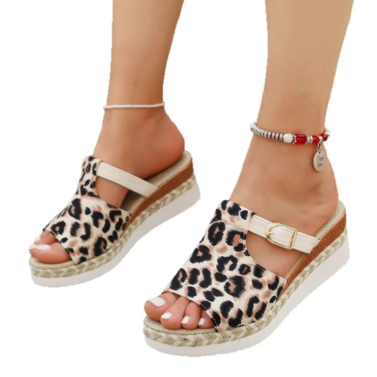 Women's leopard print wedge platform sandals with a fish mouth toe on a rubber sole.