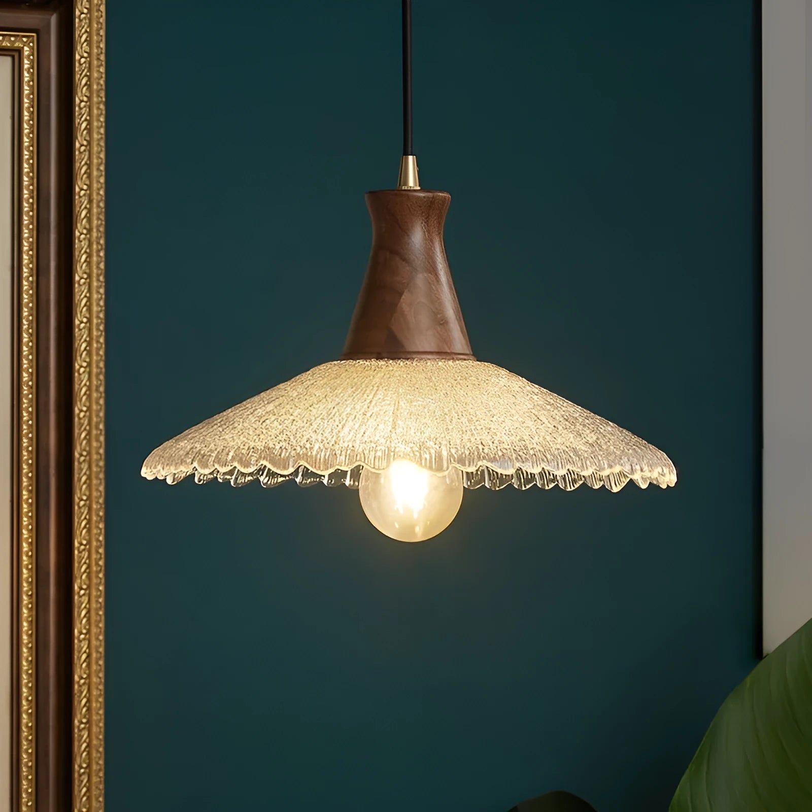 Retro wood and glass ceiling chandelier with brass finish for restaurant lighting