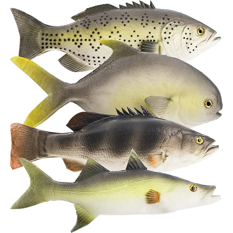 Three PU simulated fish models showing yellow-fin tuna variations on display surface