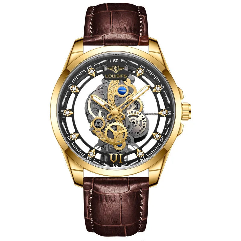 Swiss quartz men's business watch with hollow case in gold or silver with brown or black strap