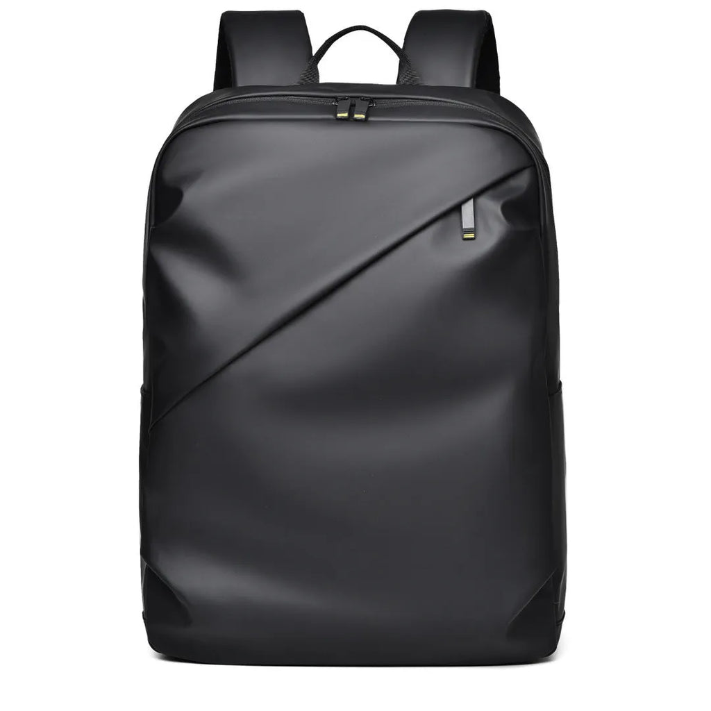 Large black waterproof PU leather backpack for men with sewing thread detailing and computer bag