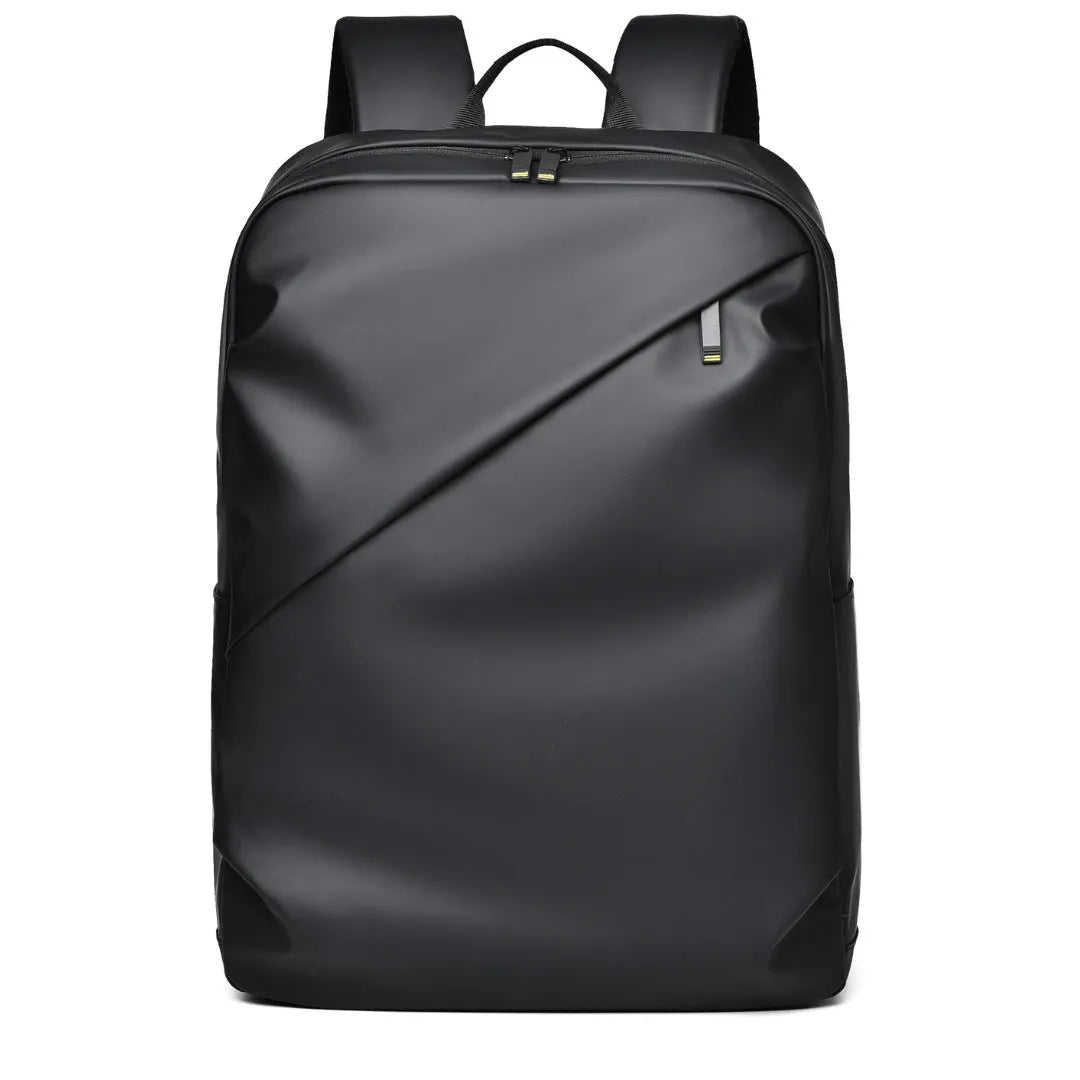 Large black waterproof PU leather backpack for men with sewing thread detailing and computer bag