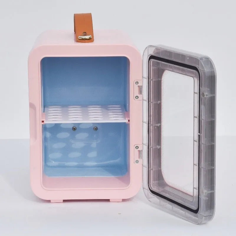 Pink mini refrigerator with transparent door showing dual-power 6L capacity for car and home use