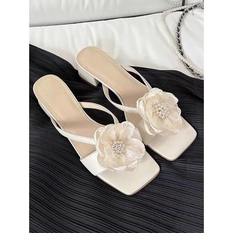 Korean style women's sandals with chunky heel, square toe, and satin upper in cream-white colour.