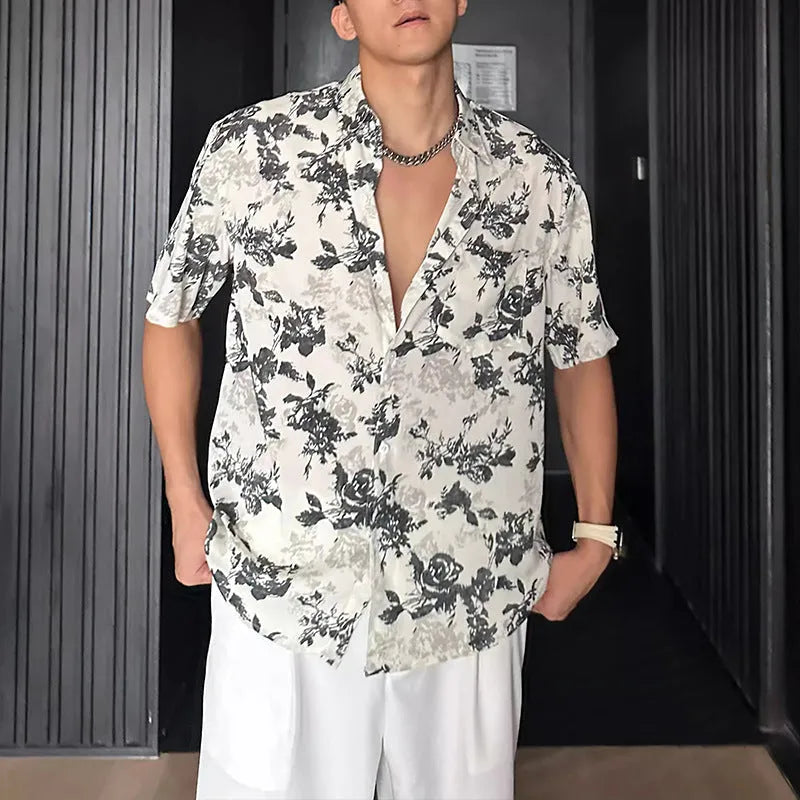 Floral printed short sleeve shirt in loose casual pendant style shown in white and black options