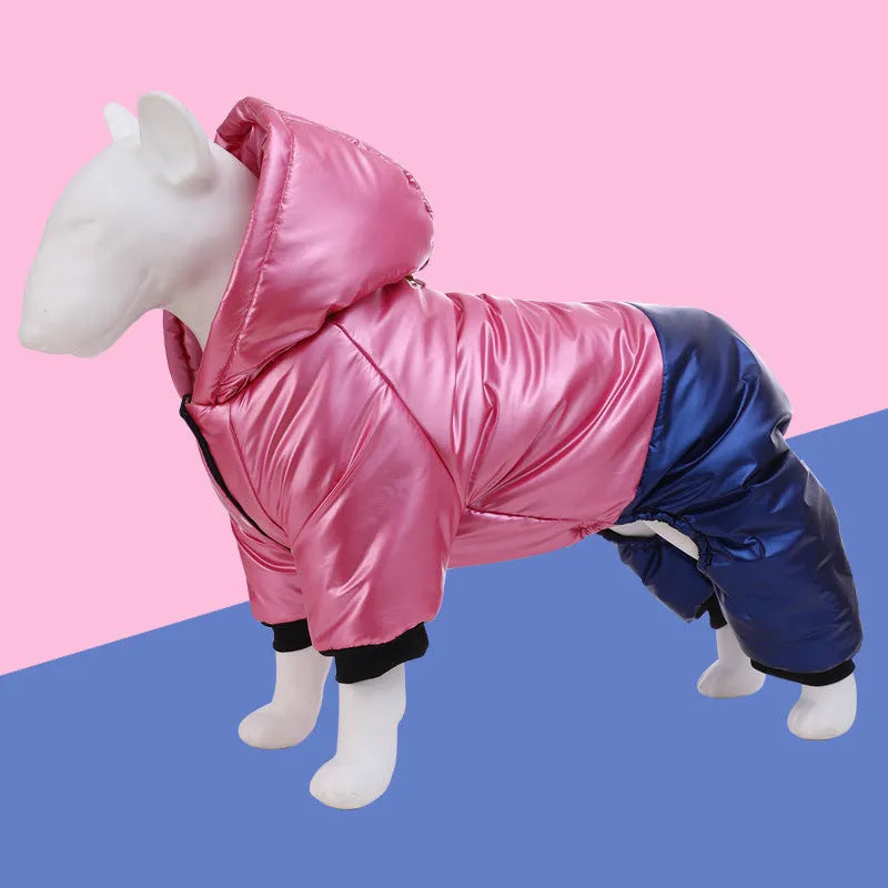Green four-legged dog cotton coat showing waterproof windproof pet clothing design