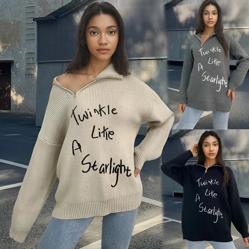 Women's grey alpaca wool pullover sweater with turtleneck, loose lapels, and an oblique diagonal zipper.