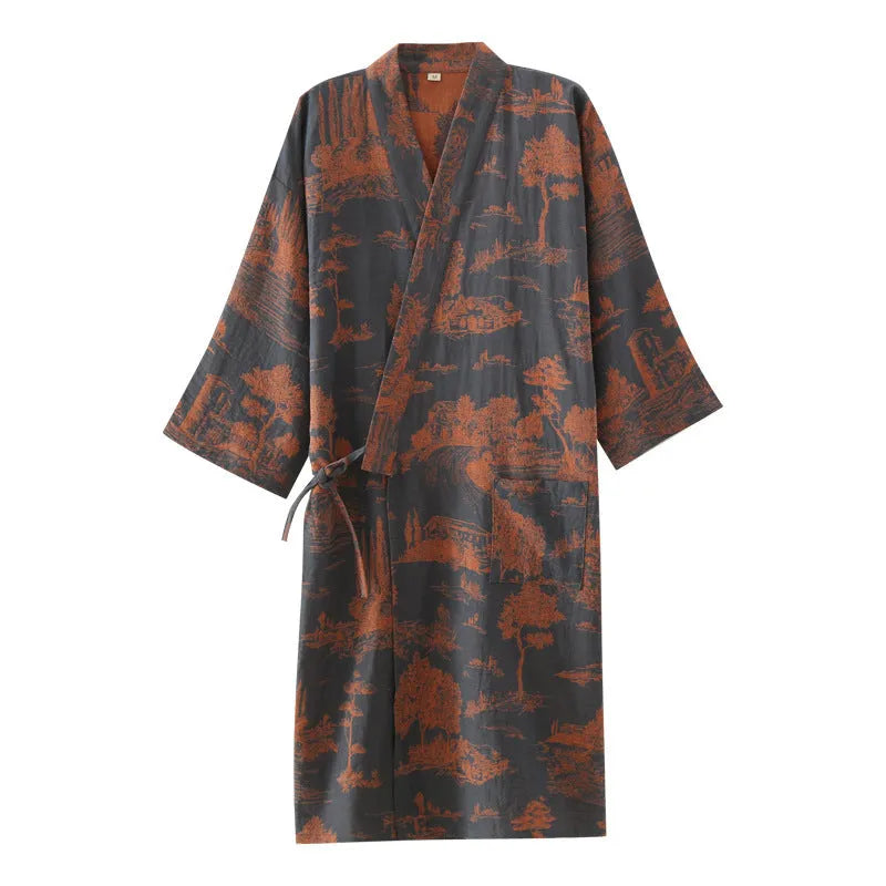 Men's cotton gauze kimono long dress bathrobe in dark blue, lightweight and breathable