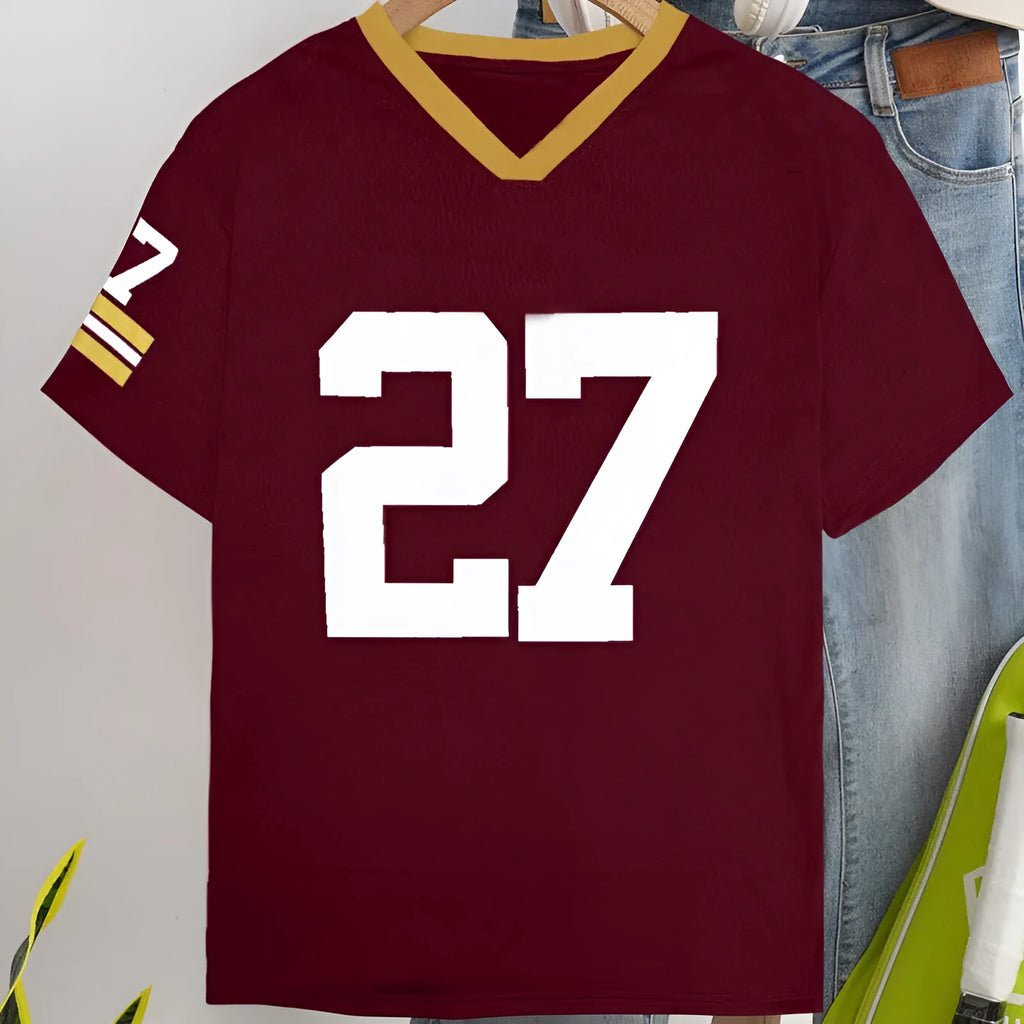 Red loose fit cotton T-shirt with contrasting colour digital letter printing on the front.