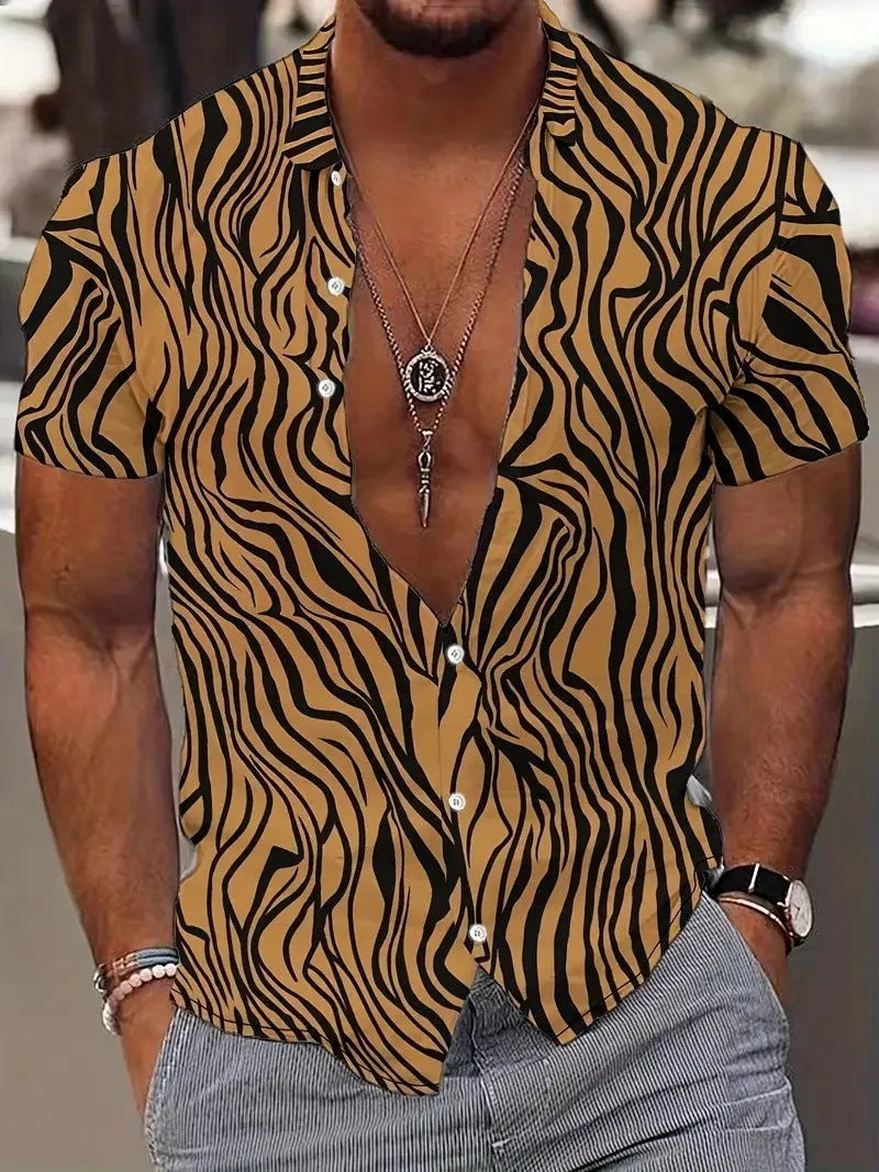 Men's slim fit short sleeve shirt with geometric line printing on lapel in polyester fabric