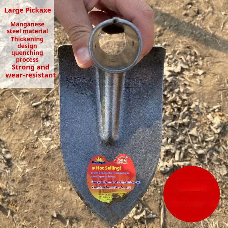 Agricultural flat hoe with a pointed steel horse tip, made from manganese and stainless steel.