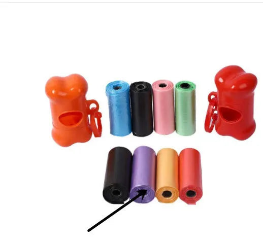 Roll of handled dog poop bags in assorted colours showing dimensions of 22.5 by 30 centimetres