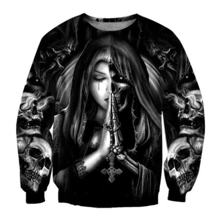 A black hooded sweatshirt featuring a large, detailed 3D anime-style skull graphic on the front.