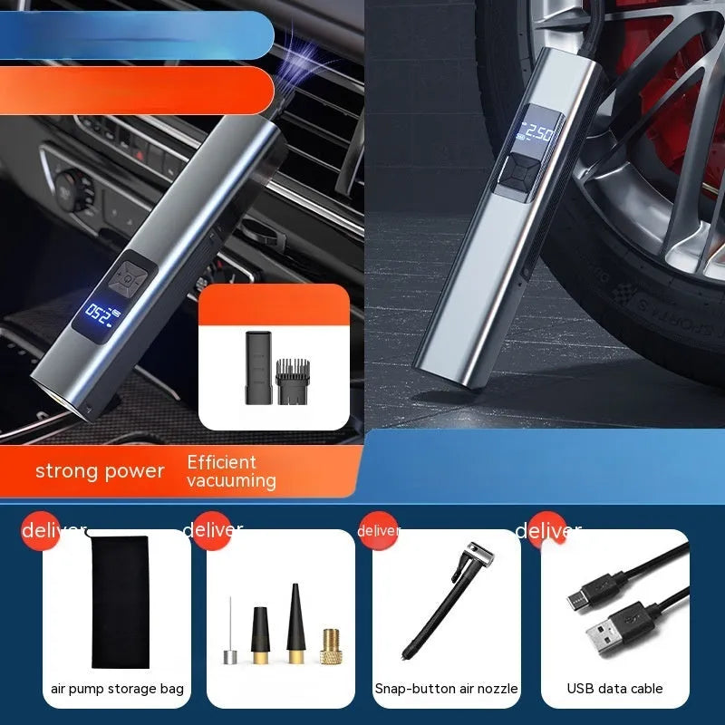 Black cylindrical wireless digital display car air inflator pump with vacuum hose and attachments on a grey background.