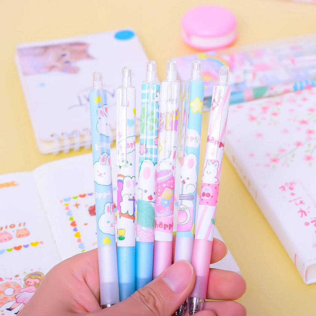 Six cartoon bunny design black pens with 0.5mm tips in packaging