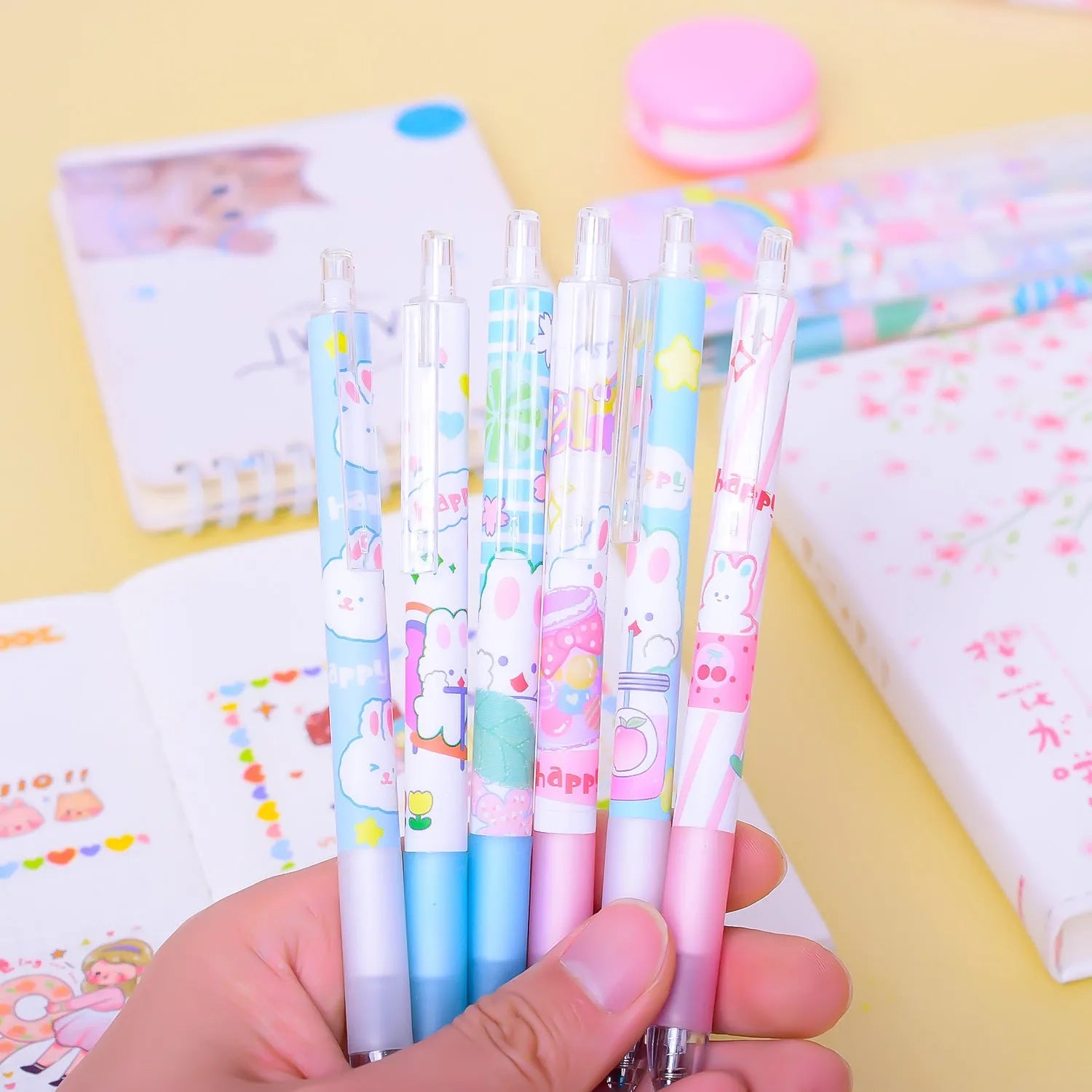 Six cartoon bunny design black pens with 0.5mm tips in packaging
