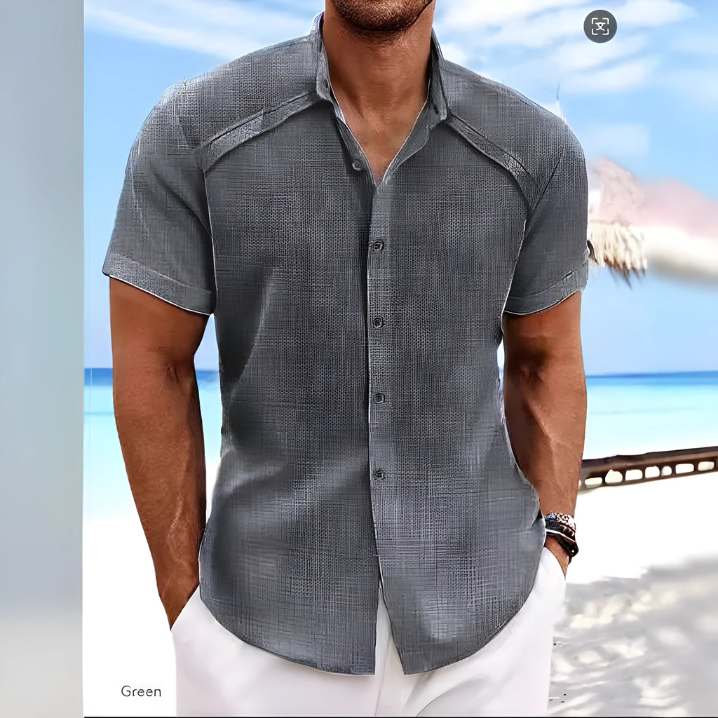 Hawaiian casual short sleeve solid colour cotton blend shirt in matcha green on a hanger