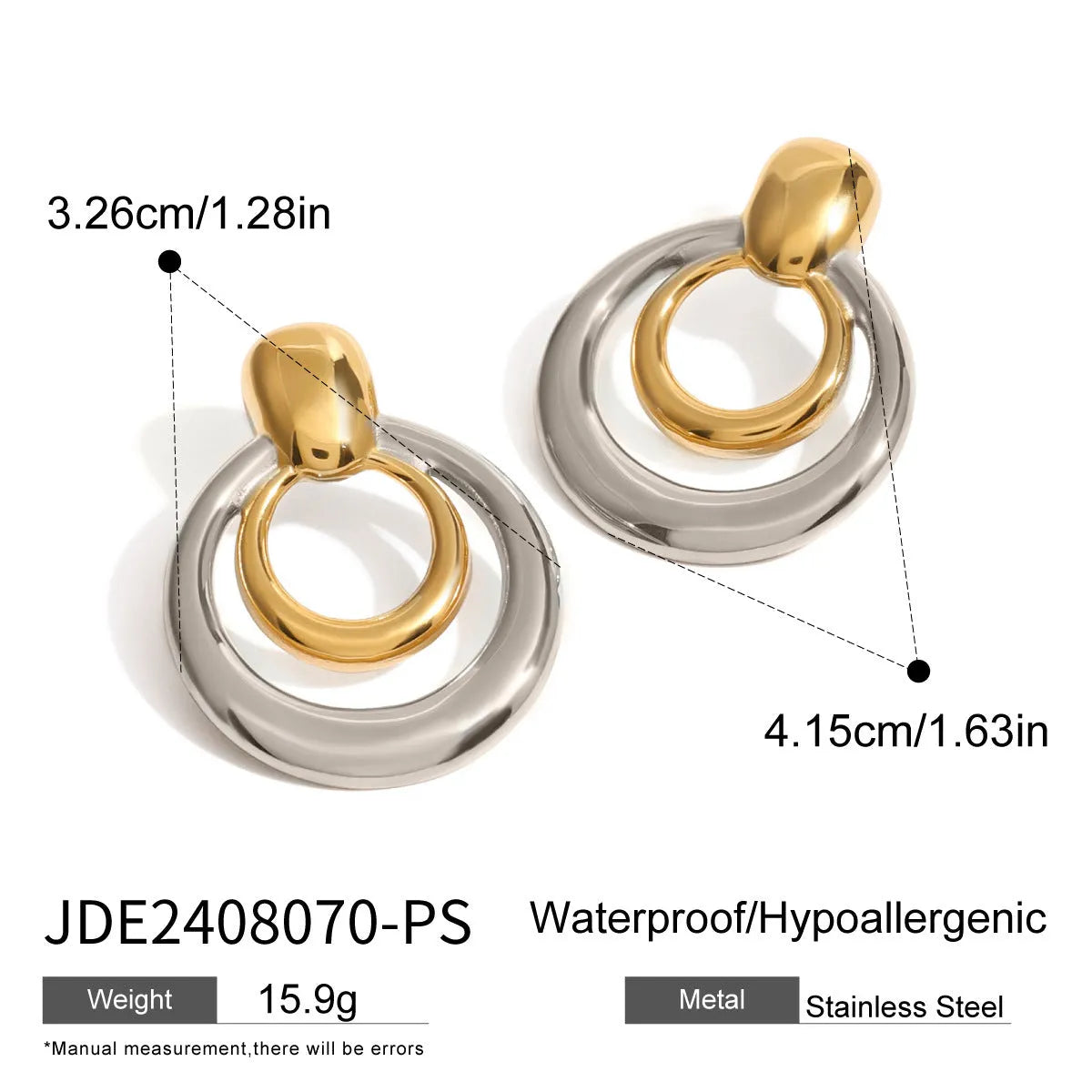 Golden round double-layer hollow stud earrings with geometric design and 18K gold plating