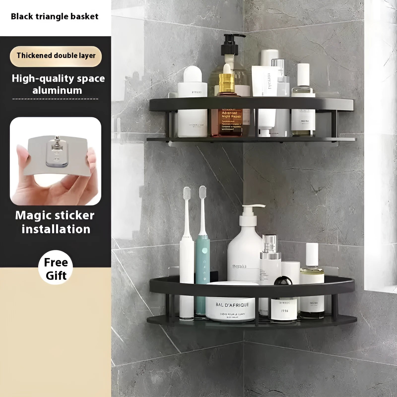 Black multi-tier punch-free bathroom storage rack with a double-layer triangle design mounted on a wall.