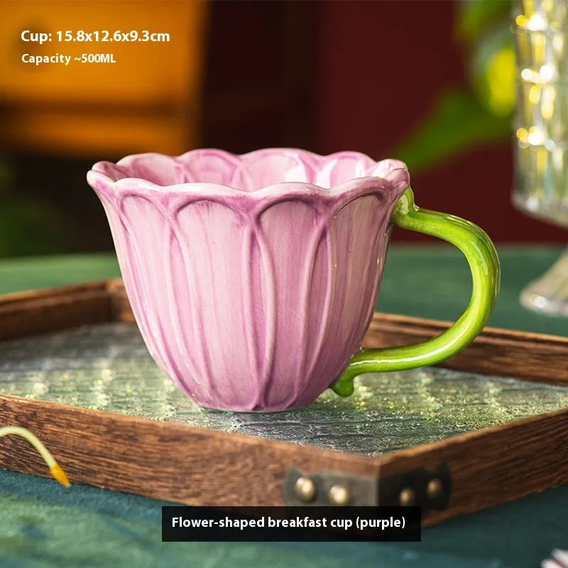 Ceramic breakfast cup with flower pattern, 500ml capacity, pastoral style in red or purple