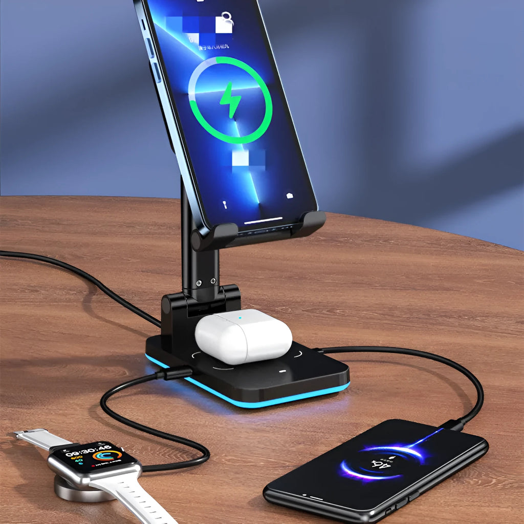Black wireless charging phone desk stand holding a mobile phone at an angle.