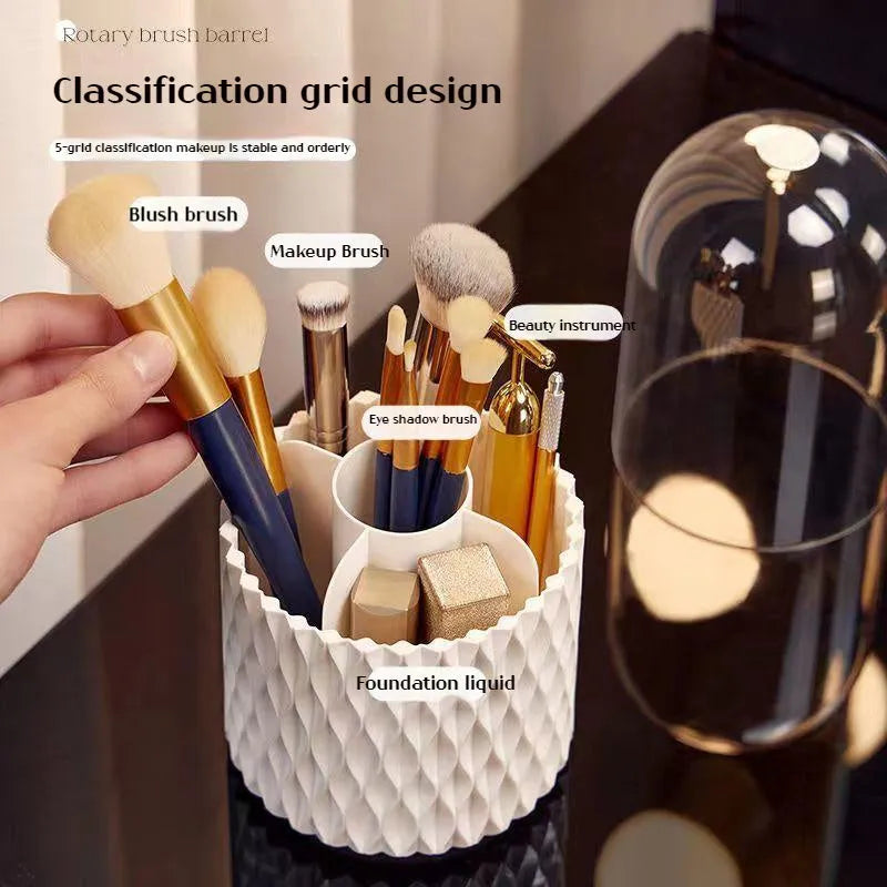 White acrylic makeup brush storage box with transparent design and rotating base