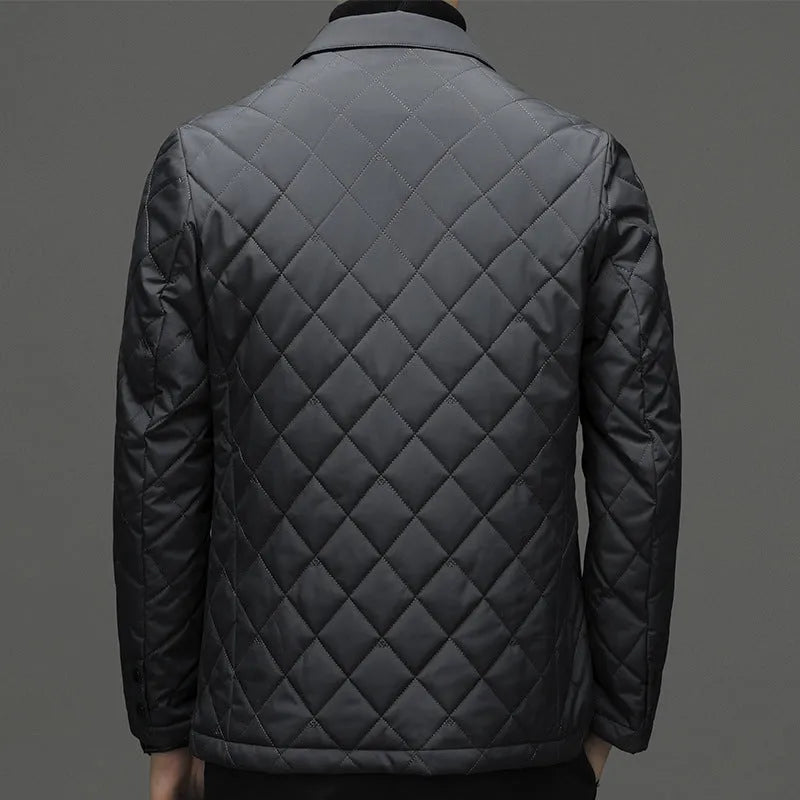 Men's black lapel cardigan style down jacket with side seam pockets, regular cut, Asian youth sizing