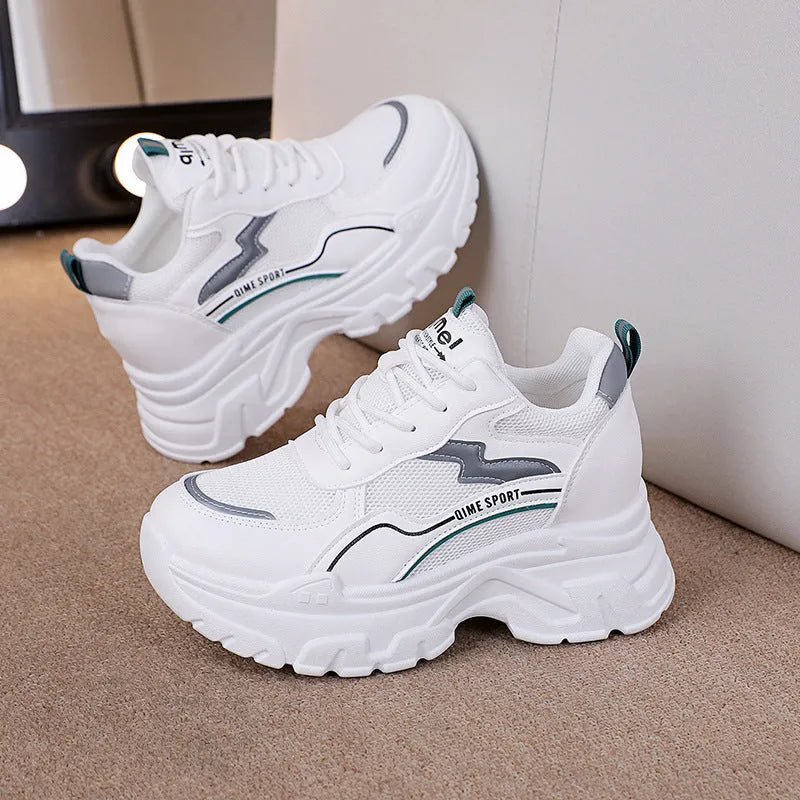 Women's white sports shoes with cross shoulder straps and height increasing insoles