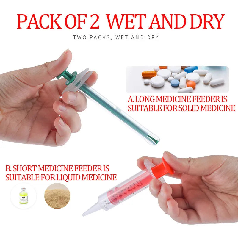 Two pet pill shooters with soft silicone tips for administering medication to cats and dogs