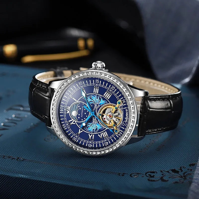 Waterproof men's mechanical watch with transparent case back showing movement inside, stainless steel strap with butterfly buckle