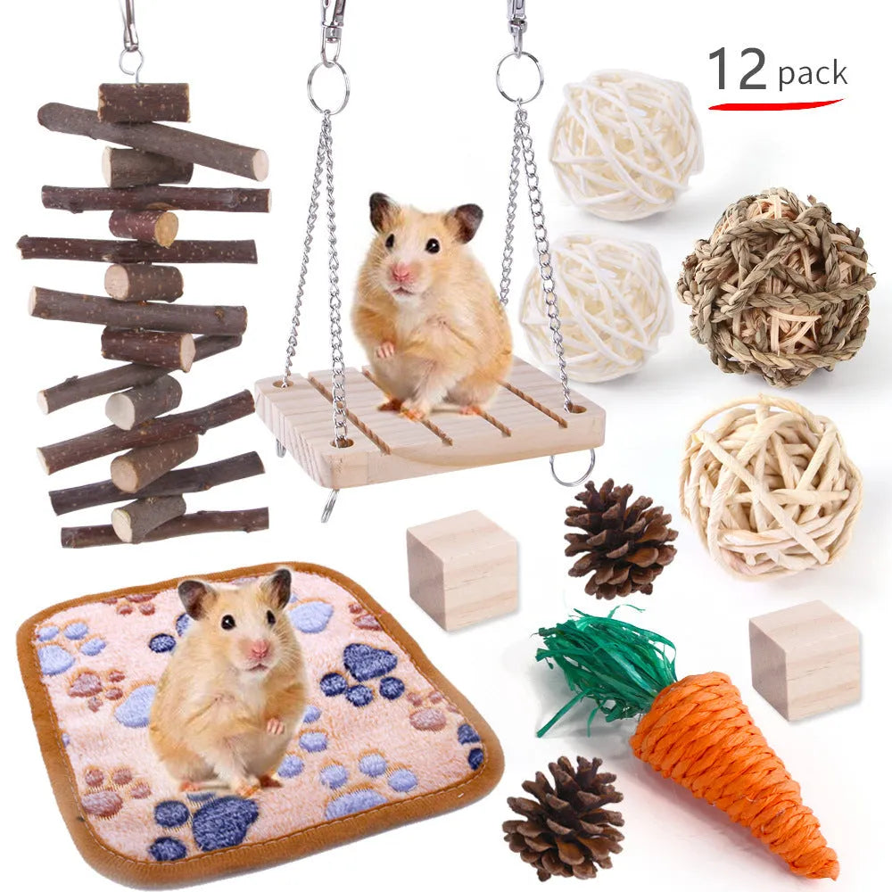 Natural wooden chewing toy set for small animals including straw mats, woven balls and plant-based components