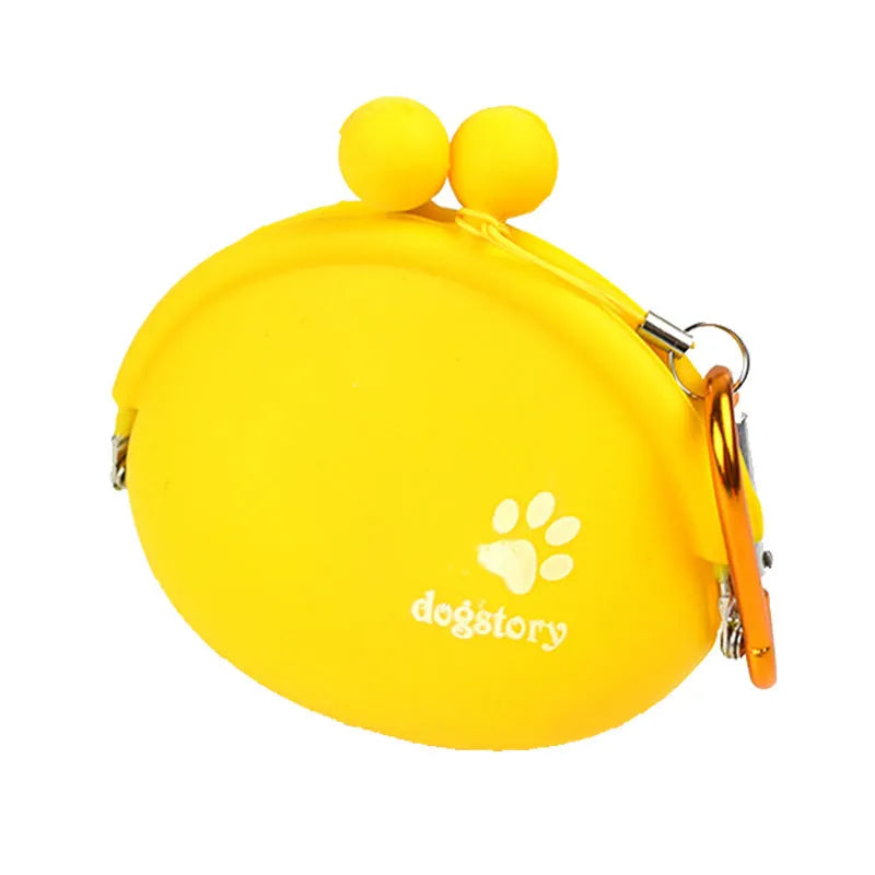 Yellow silicone dog training treat bag with hook-and-loop fastening showing 9x9.5cm dimensions